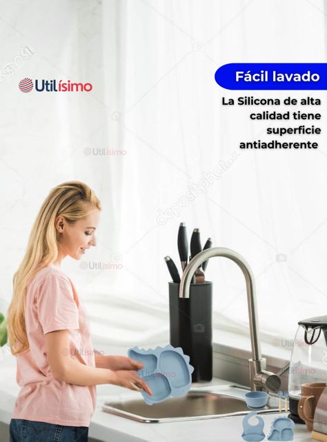 Set De Alimentación Bebé Silicona 5 Piezas Dinosaurio Libre BPA Celeste-5
