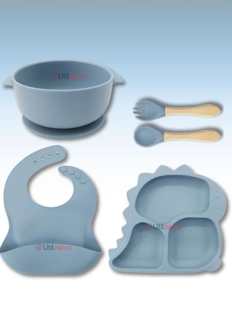 Set De Alimentación Bebé Silicona 5 Piezas Dinosaurio Libre BPA Celeste-0