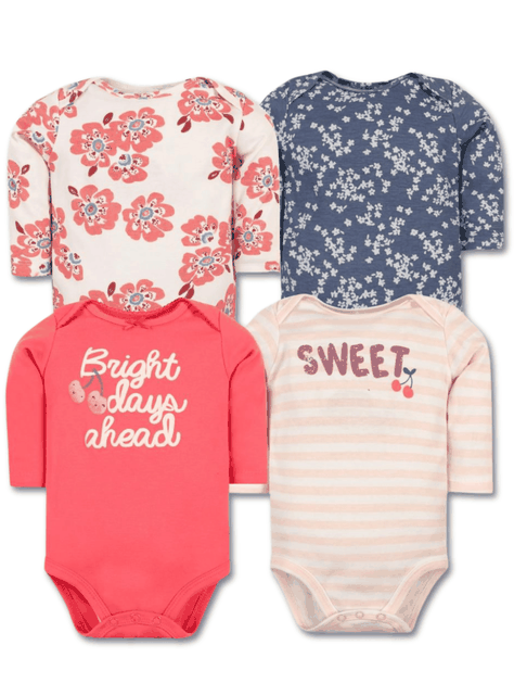 Pack 4 Bodys Bebé Niña Manga Larga Tedmimak 100% Algodón Floral Baby-0