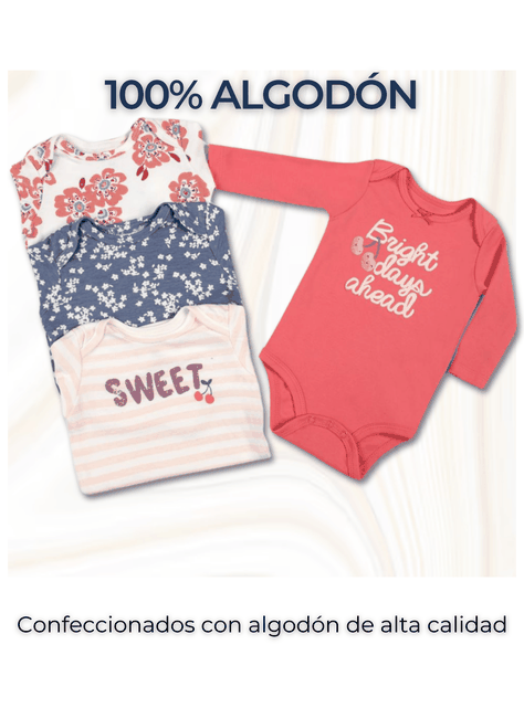 Pack 4 Bodys Bebé Niña Manga Larga Tedmimak 100% Algodón Floral Baby-1