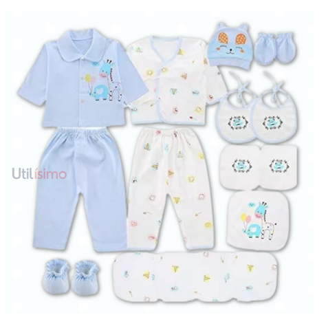 Set 18 Piezas Ajuar Niño Jirafa Elefante Celeste Jump Kids 100% Algodón-3