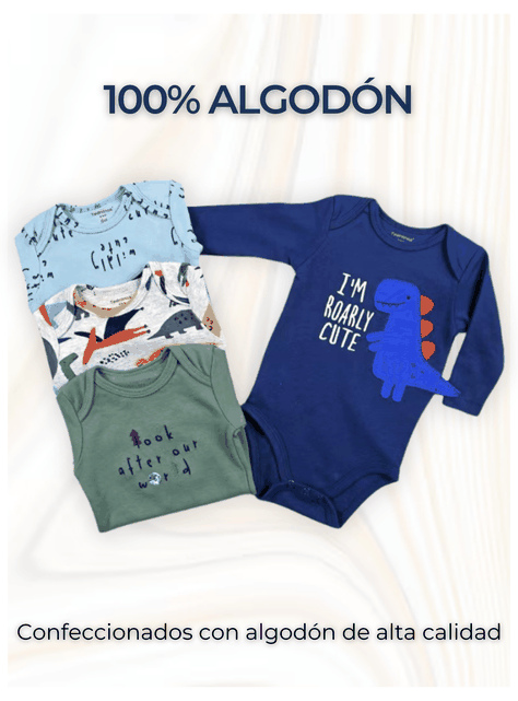  Pack 4 Bodys Bebé Niño Manga Larga Tedmimak 100% Algodón Blue Dinosaur-1