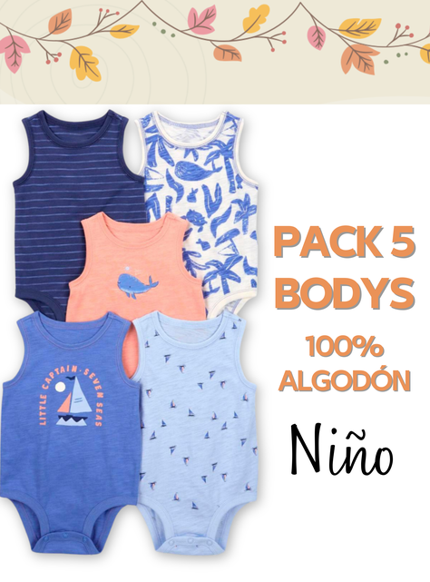 Pack 5 Bodys Niño Sin Manga Tedmimak 100% Algodón Azul Marinero-4