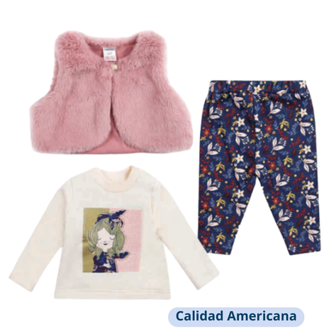 Set 3 Piezas con Chaleco para Niña Estampado Tedmimak 100% Algodón-0