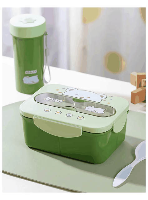 Fiambrera Contenedor Osito 1200 Ml Táper Hermético + Cubiertos y Vaso Infantil Green-0
