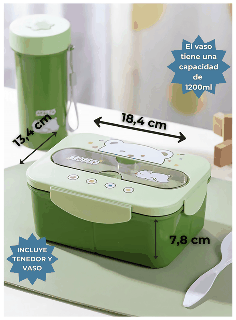Fiambrera Contenedor Osito 1200 Ml Táper Hermético + Cubiertos y Vaso Infantil Green-1