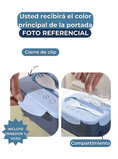 Fiambrera Contenedor Osito 1200 Ml Táper Hermético + Cubiertos y Vaso Infantil Green-2