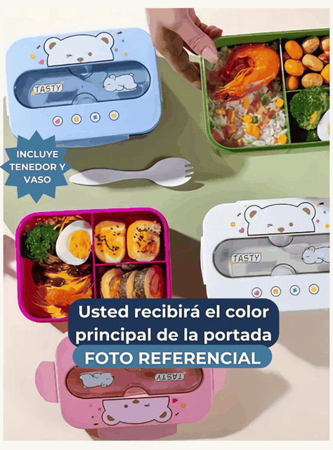 Fiambrera Contenedor Osito 1200 Ml Táper Hermético + Cubiertos y Vaso Infantil Green-3