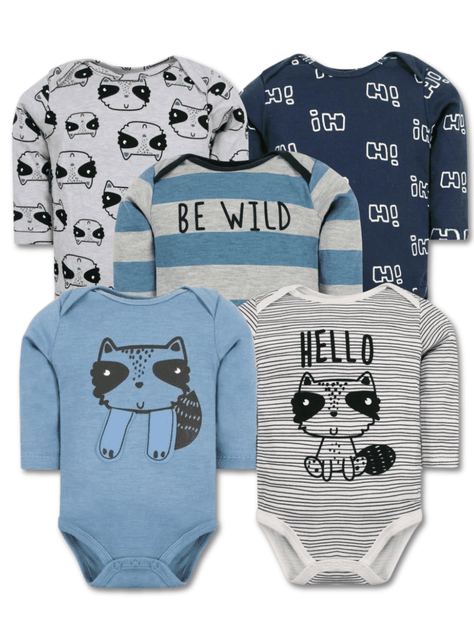 Pack 5 Bodys Bebé Niño Manga Larga Tedmimak 100% Algodón Racoon Wild-0