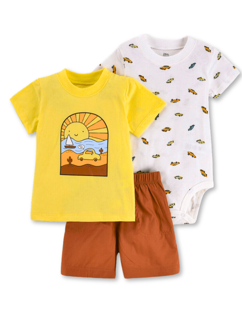Set 3 Piezas Conjunto con Body Estampado Bebé Niño 6 a 24 Meses Yellow Car-0