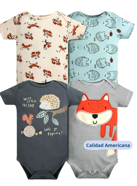 Pack 4 Bodys Niño Manga Corta Tedmimak 100% Algodón Animales Infantiles-3