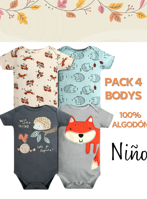 Pack 4 Bodys Niño Manga Corta Tedmimak 100% Algodón Animales Infantiles-4