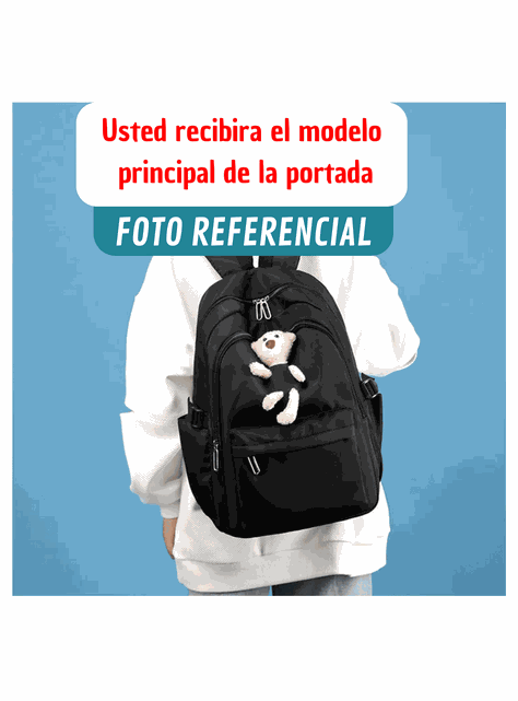 Mochila Escolar Juvenil 46cm Niñas Estilo Kawaii Cute Teddy Bear Black-3