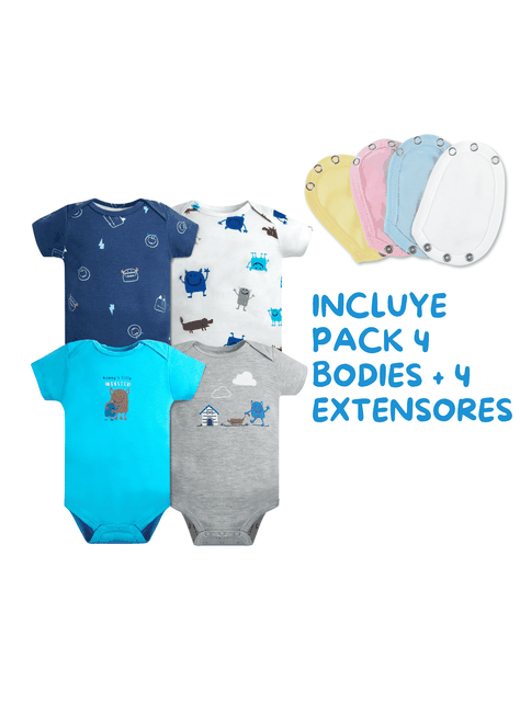 Pack 4 Unidades Extensor Body Bebé +Pack 4 Bodys Manga Corta Blue Monster-1