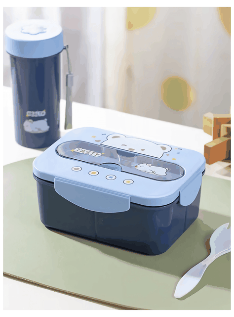 Fiambrera Contenedor Osito 1200 Ml Táper Hermético + Cubiertos y Vaso Infantil Blue-0