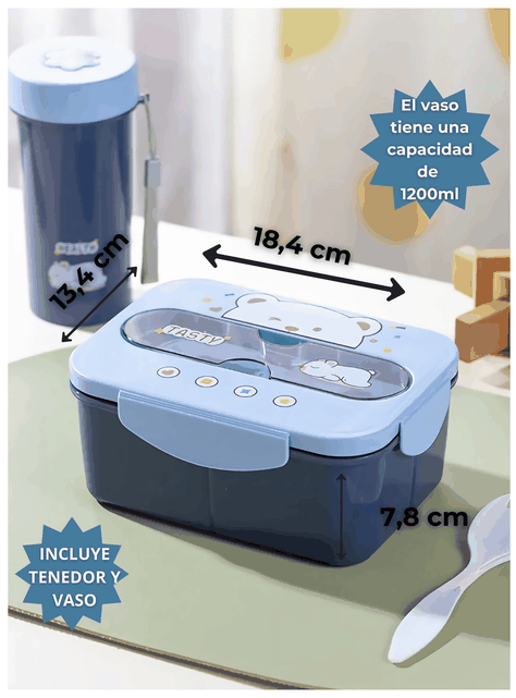 Fiambrera Contenedor Osito 1200 Ml Táper Hermético + Cubiertos y Vaso Infantil Blue-1