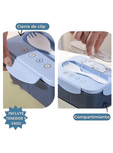 Fiambrera Contenedor Osito 1200 Ml Táper Hermético + Cubiertos y Vaso Infantil Blue-2
