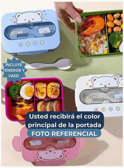 Fiambrera Contenedor Osito 1200 Ml Táper Hermético + Cubiertos y Vaso Infantil Blue-3