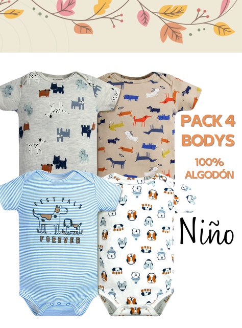 Pack 4 Bodys Niño Manga Corta Tedmimak 100% Cachorros Azul-4
