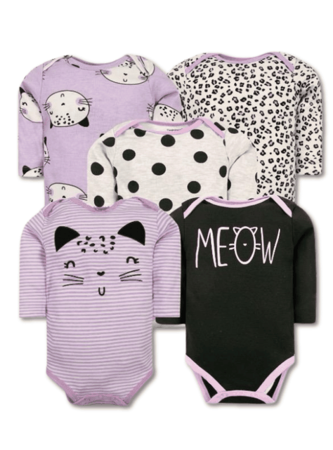 Pack 5 Bodys Bebé Niña Manga Larga Tedmimak 100% Algodón Happy Cat-0