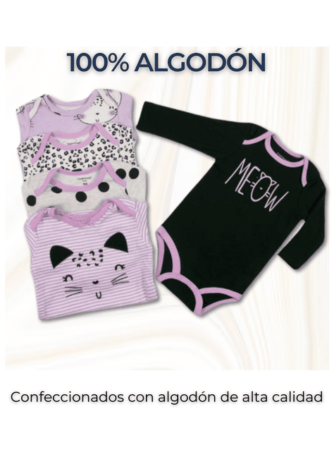 Pack 5 Bodys Bebé Niña Manga Larga Tedmimak 100% Algodón Happy Cat-1