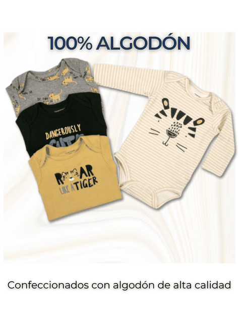 Pack 4 Bodys Bebé Niño Manga Larga Tedmimak 100% Algodón Cute Tigers-1