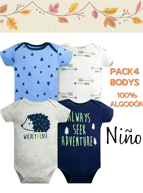 Pack 4 Bodys Niño Manga Corta Tedmimak 100% Algodón Puercoespín Azul-4