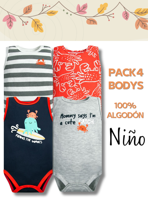 Pack 4 Bodys Niño Sin Manga Tedmimak 100% Algodón Cangrejo Rojo-4