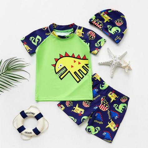 Traje De Baño 3 Piezas Manga Corta Jump Kids Dinosaurios Verde-1