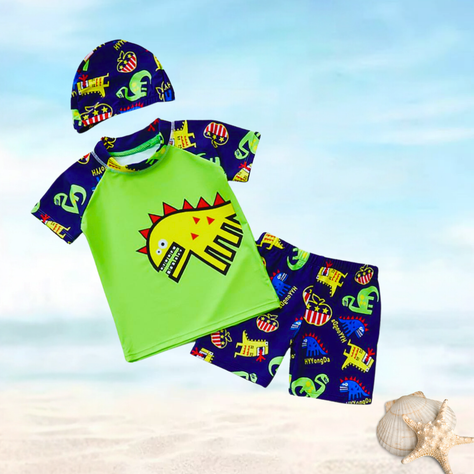 Traje De Baño 3 Piezas Manga Corta Jump Kids Dinosaurios Verde-3
