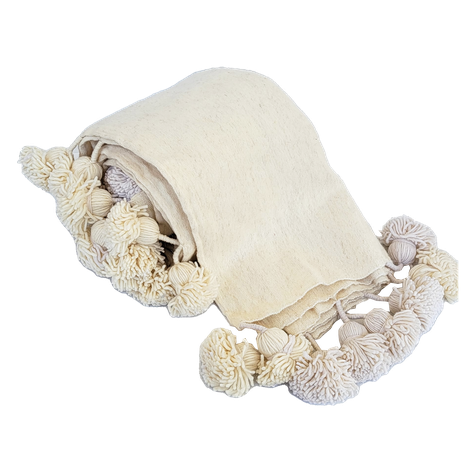 Manta Blanca de Lana con Pompones – 2 Plazas-0