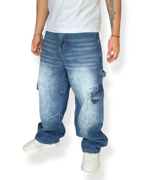 Jeans Cargo Wide Leg Hombre Urbano Bolsillos Grandes-0