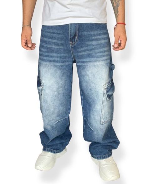 Jeans Cargo Wide Leg Hombre Urbano Bolsillos Grandes-1