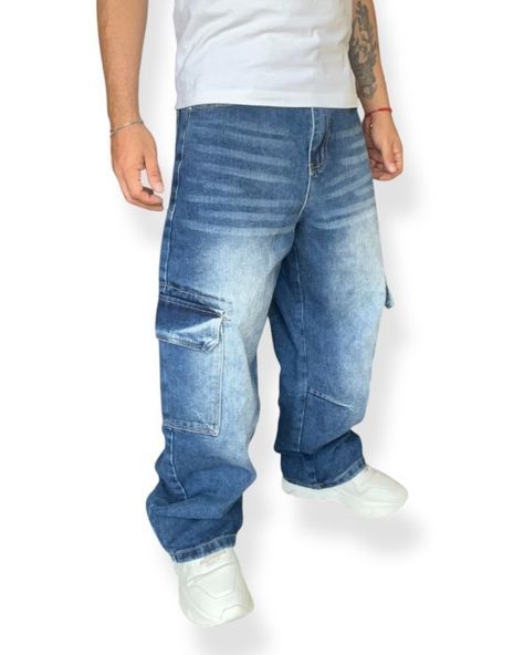Jeans Cargo Wide Leg Hombre Urbano Bolsillos Grandes-2