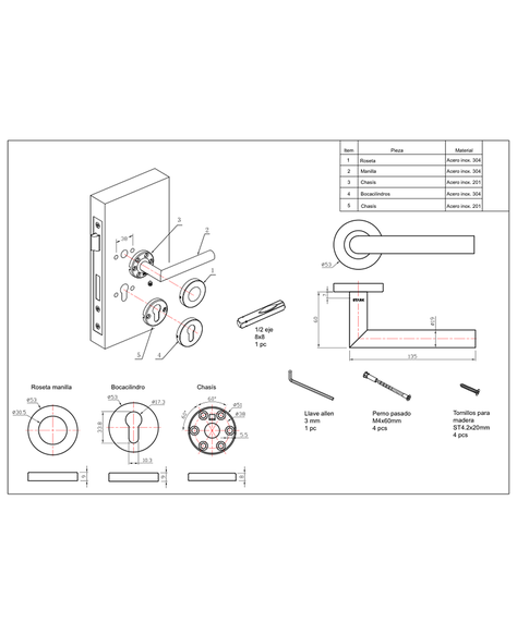 Cerradura de embutir acc princ. Llave ambo lado. Acero inox-2