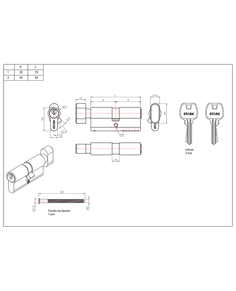 Cilindro 70 mm llave/seguro interior centrado. (Negro mate)-1