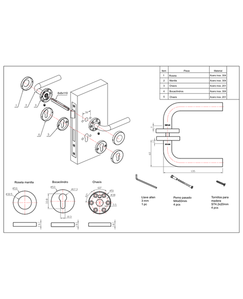 Cerradura de embutir ofi, cocina. Llave ambos lados. A inox-2