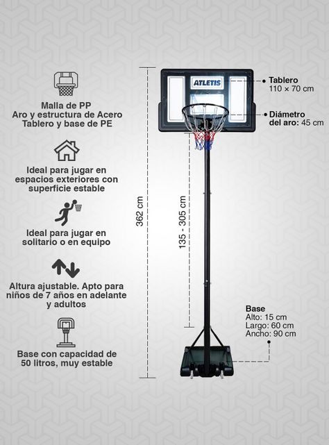Aro de Básquetball Atletis Ajustable 1.35m a 3.05m Negro-1