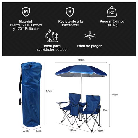 Set Mesa y Sillas Plegables con Sombrilla Azul-2