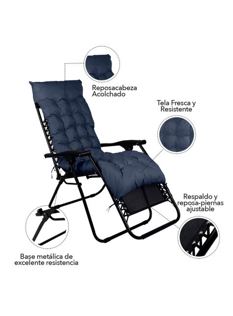 Reposera Plegable y Reclinable Acolchada Azul-3
