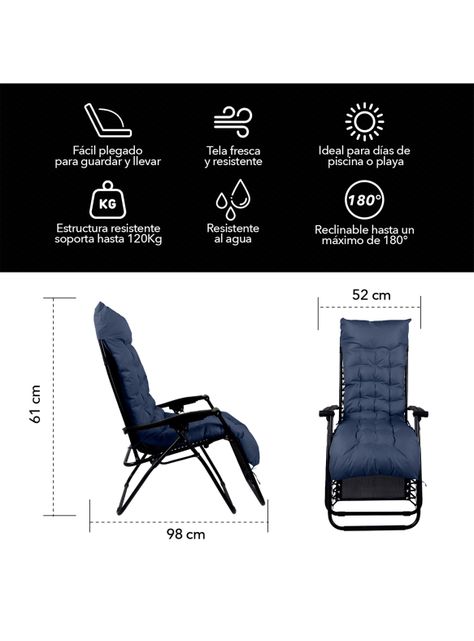 Reposera Plegable y Reclinable Acolchada Azul-2