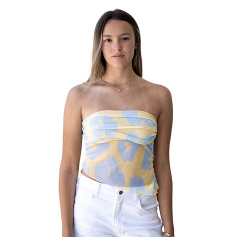 Crop Top Celeste y Amarillo Asimétrico Strapless  Adela -0