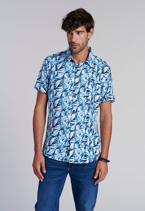 Camisa Estampada Hojas  Fj Blue-0