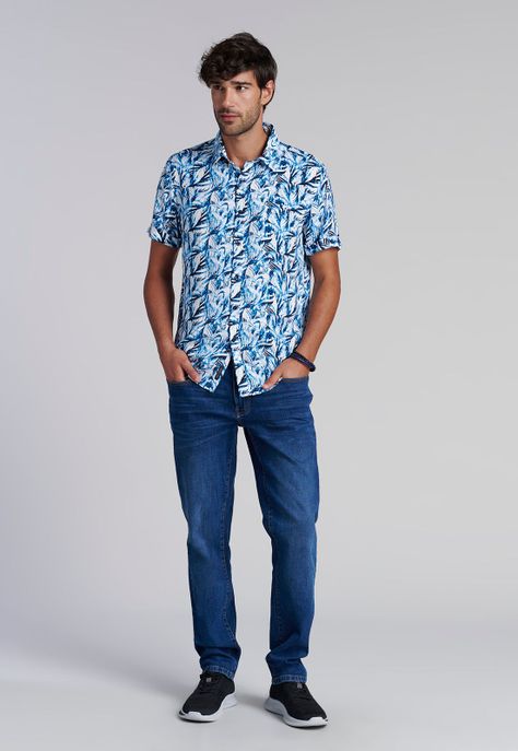Camisa Estampada Hojas  Fj Blue-1