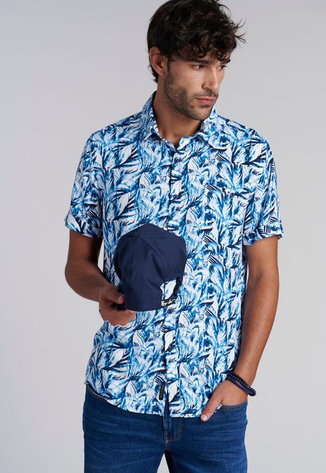 Camisa Estampada Hojas  Fj Blue-4