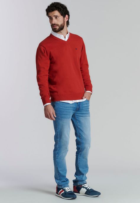 Sweater V Neck Solido F Smart Casual Brick-1