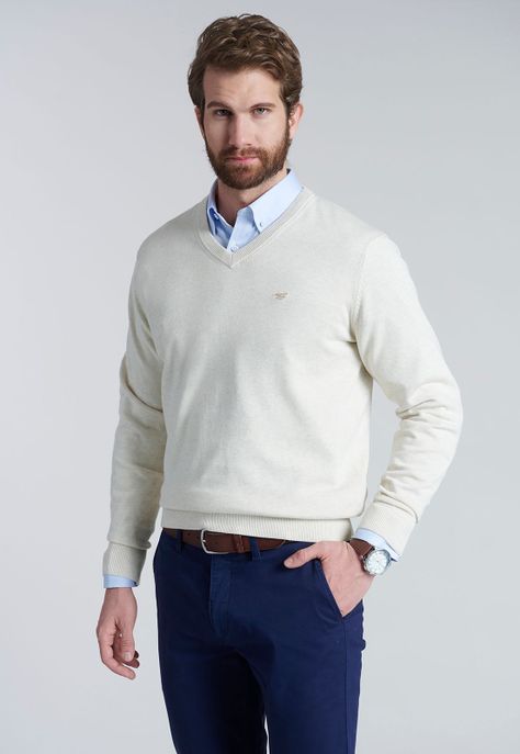 Sweater V Neck Melange F Oyster-2