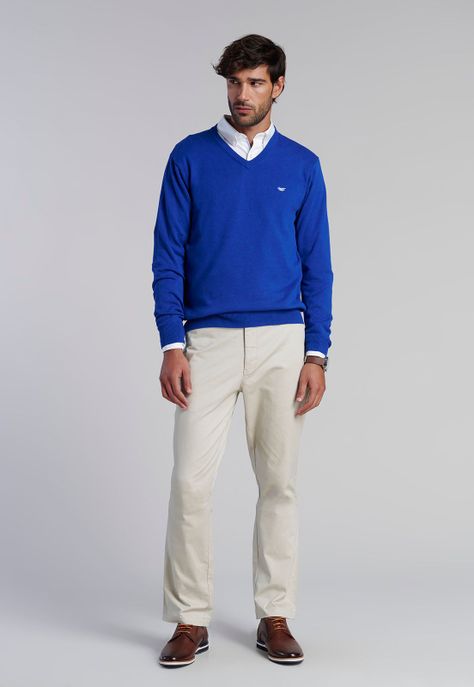 Sweater V Neck Solido F Blue-1