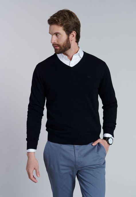 Sweater V Neck Solido F Black-0
