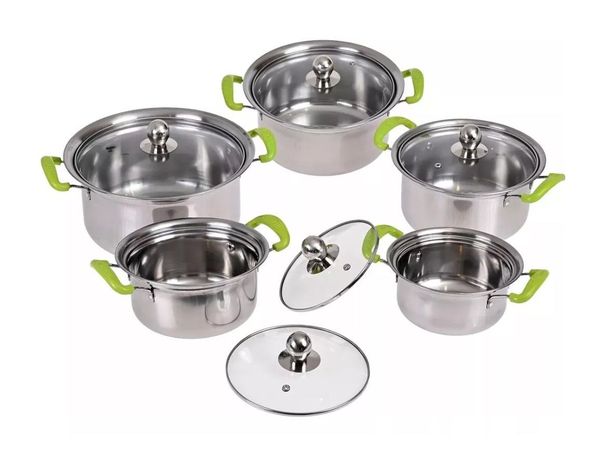 Juego De Ollas 16-18-20-22-24cm 10P Inox Con Manilla Verde-1